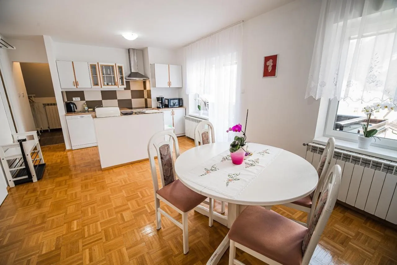 Kuhinja, okrogla jedilna miza in sedežna garnitura v apartmaju 1